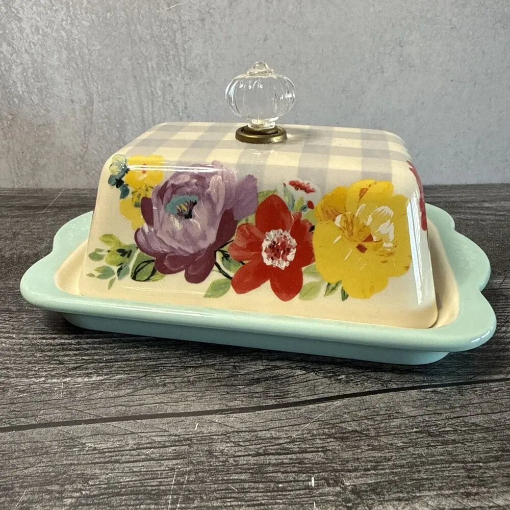 THE PIONEER WOMEN DOUBLE STICK CERAMIC BUTTER DISH SWEET ROMANCE BLOSSOMS